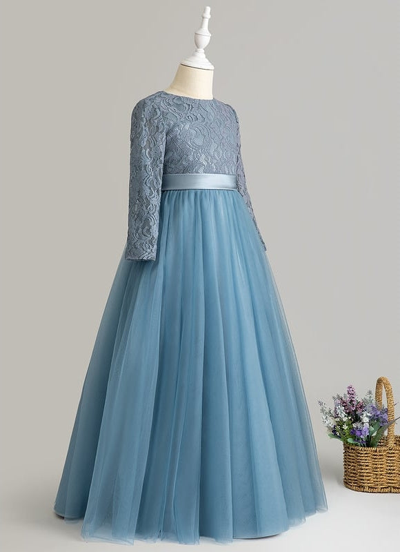Robe Manche Longue Tulle Bleu Satin - gallery 3